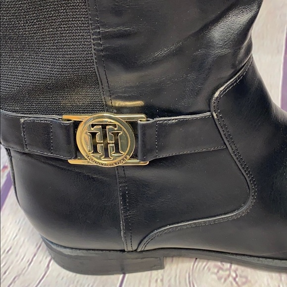 Tommy Hilfiger black calf zip up riding boots logo - Picture 2 of 9
